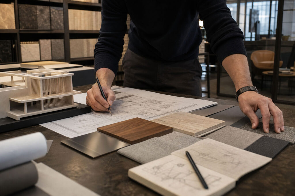 Architetto al lavoro su un progetto negli spazi Materium