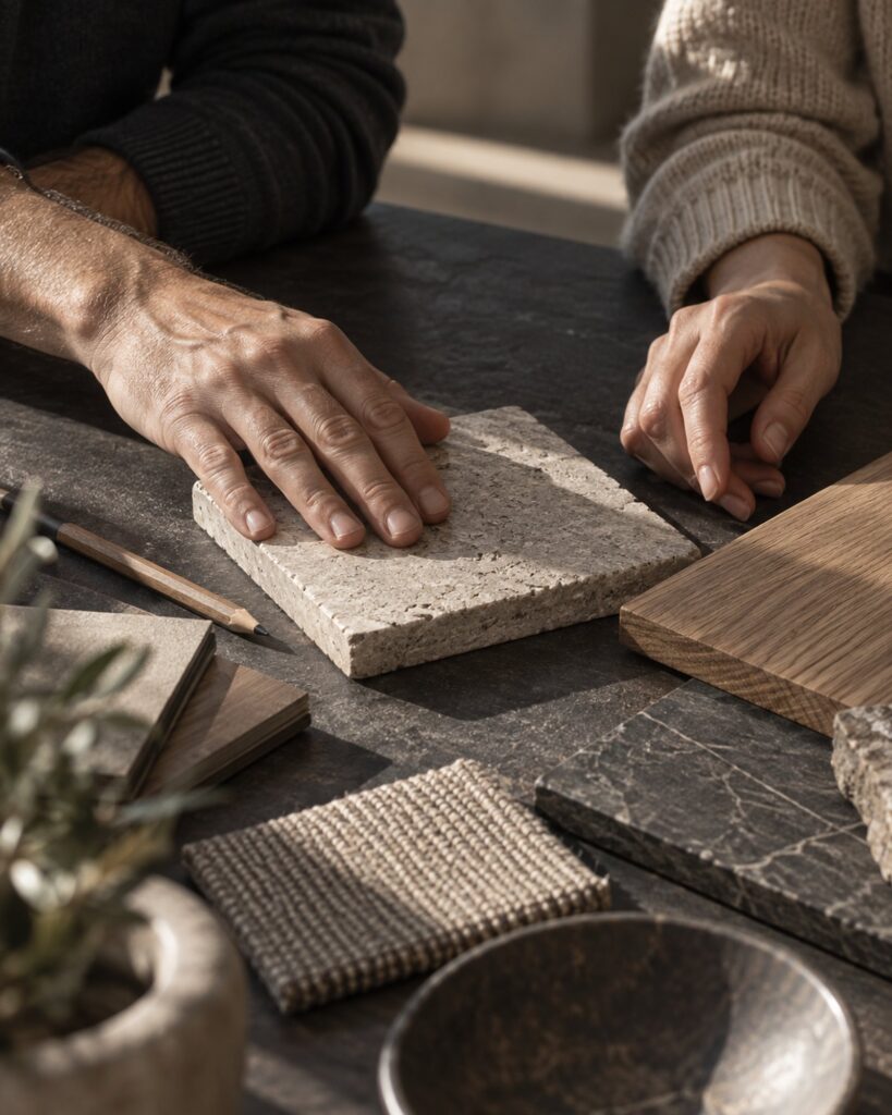 Campionari di materiali per l'arredo esposti in uno showroom Materium